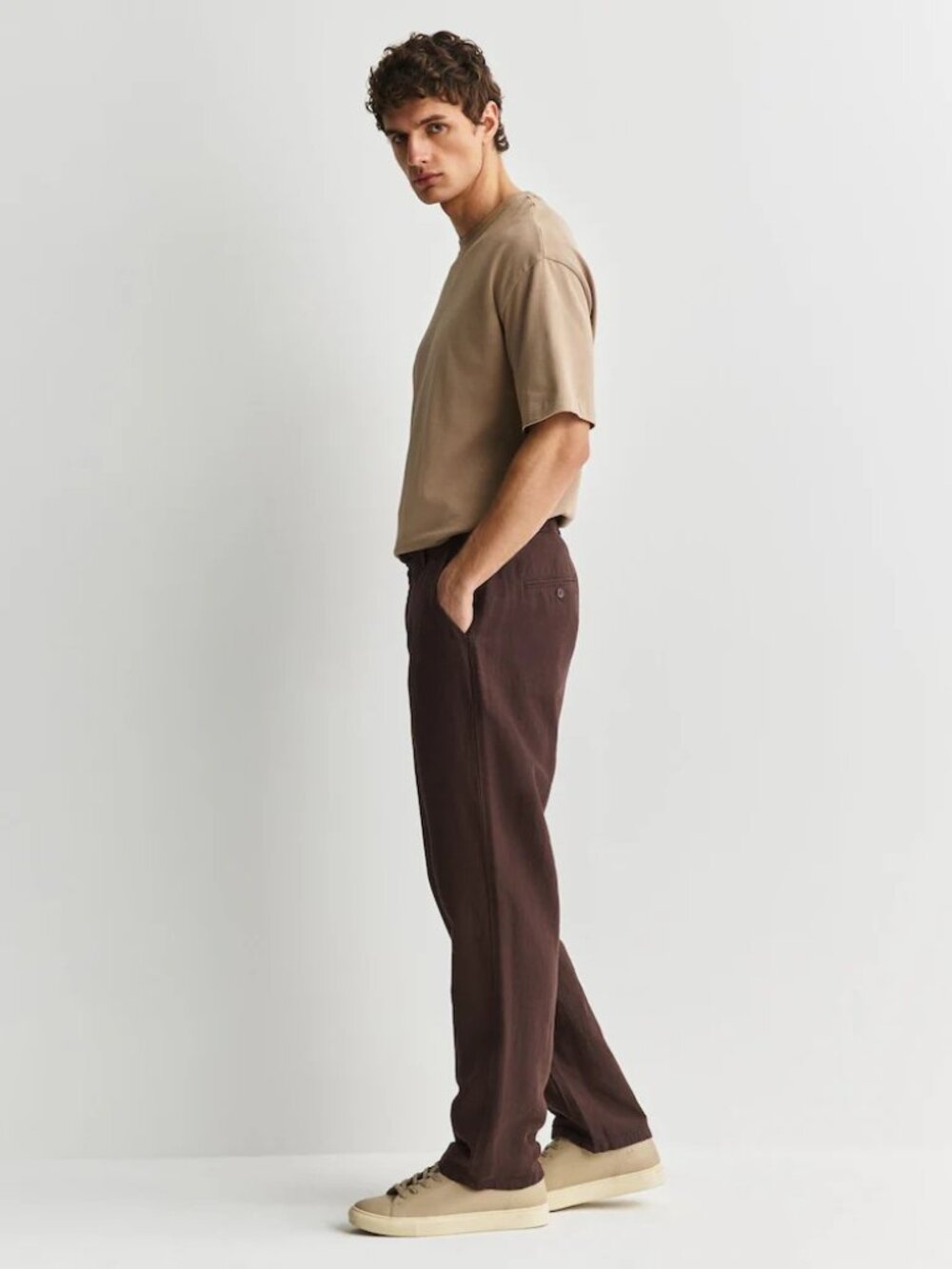 New Willit Burgundy Red Straight Fit Cotton Linen Blend Twill Chino Trousers - Picture 4 of 13